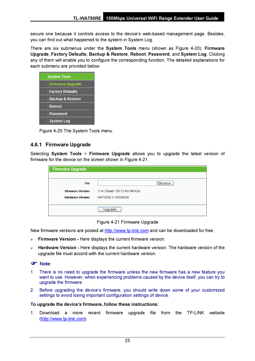 TP-Link TL-WA750RE manual Firmware Upgrade, To upgrade the devices firmware, follow these instructions 