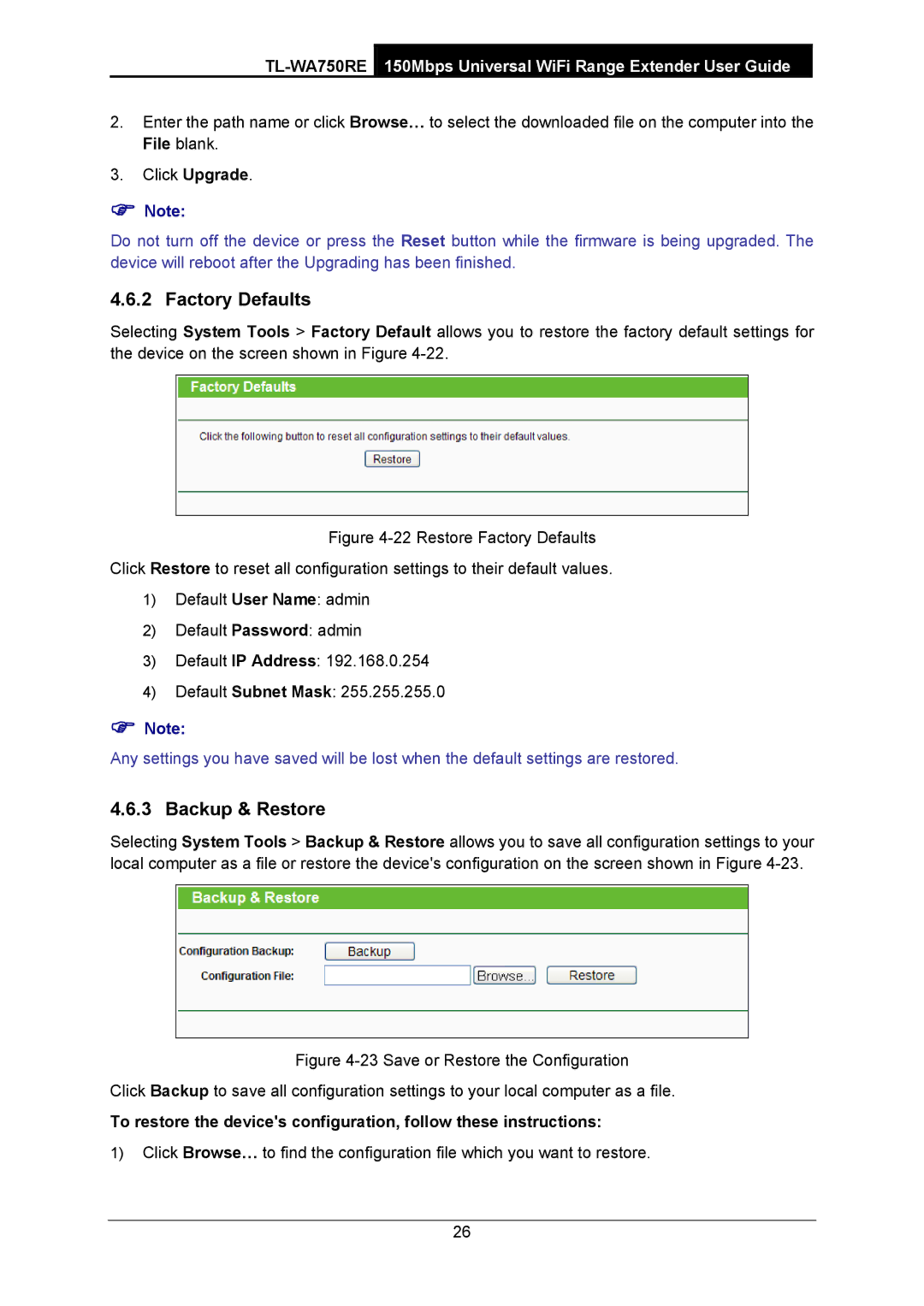 TP-Link TL-WA750RE manual Factory Defaults, Backup & Restore 