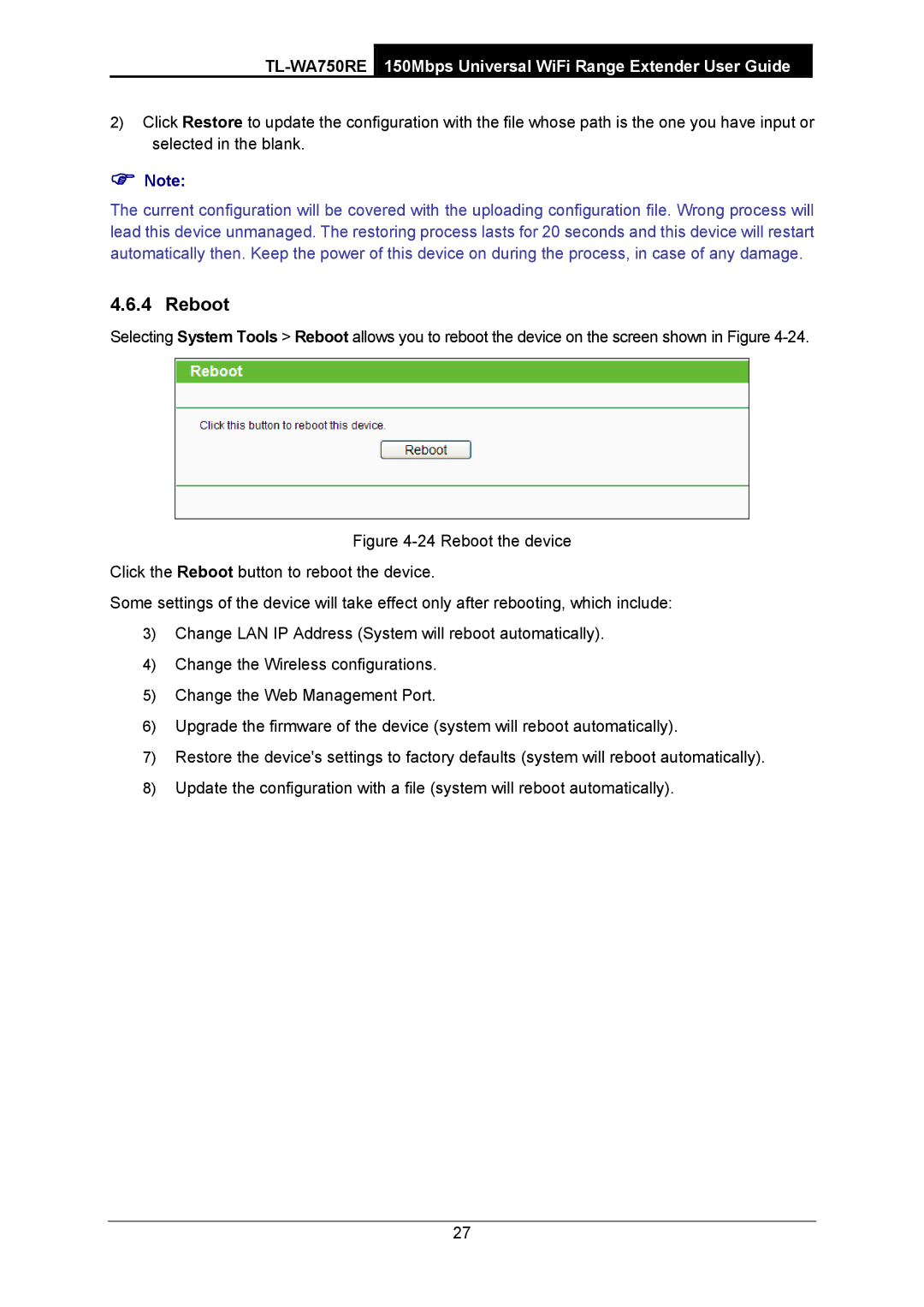 TP-Link TL-WA750RE manual Reboot 