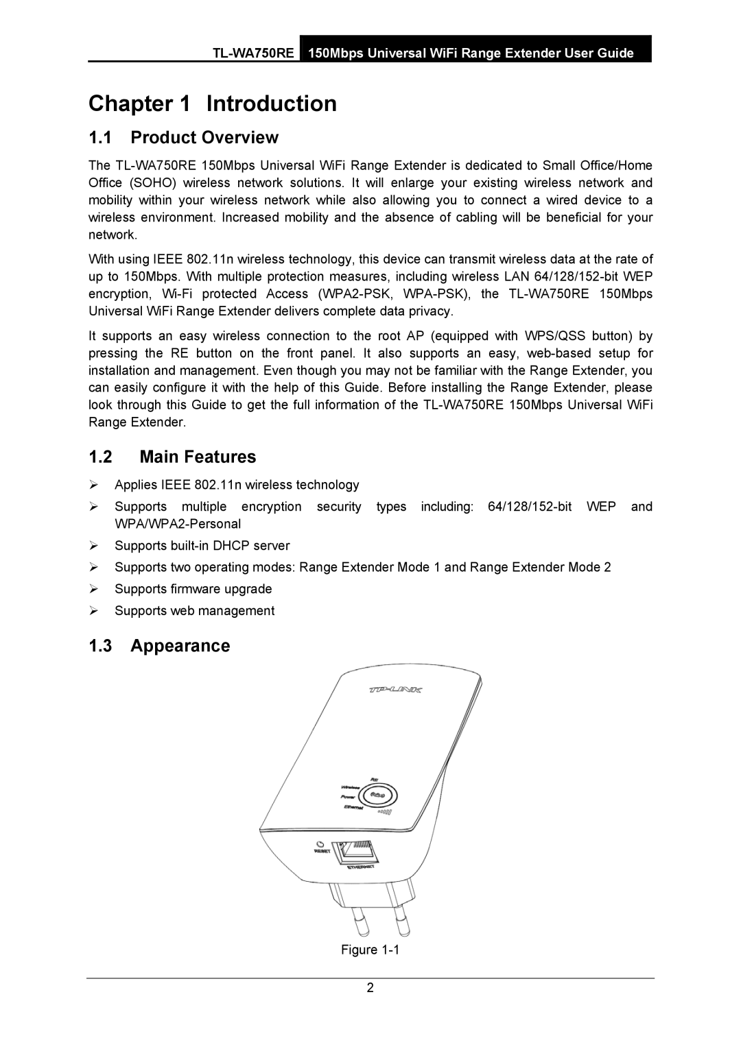 TP-Link TL-WA750RE manual Introduction, Product Overview, Main Features, Appearance 