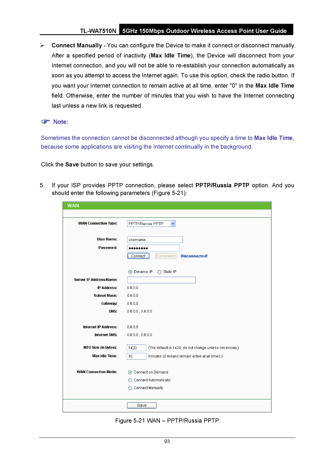 TP-Link TL-WA7510N manual WAN PPTP/Russia Pptp 