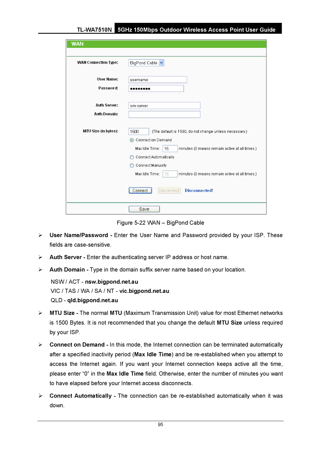 TP-Link TL-WA7510N manual NSW / ACT nsw.bigpond.net.au, QLD qld.bigpond.net.au 