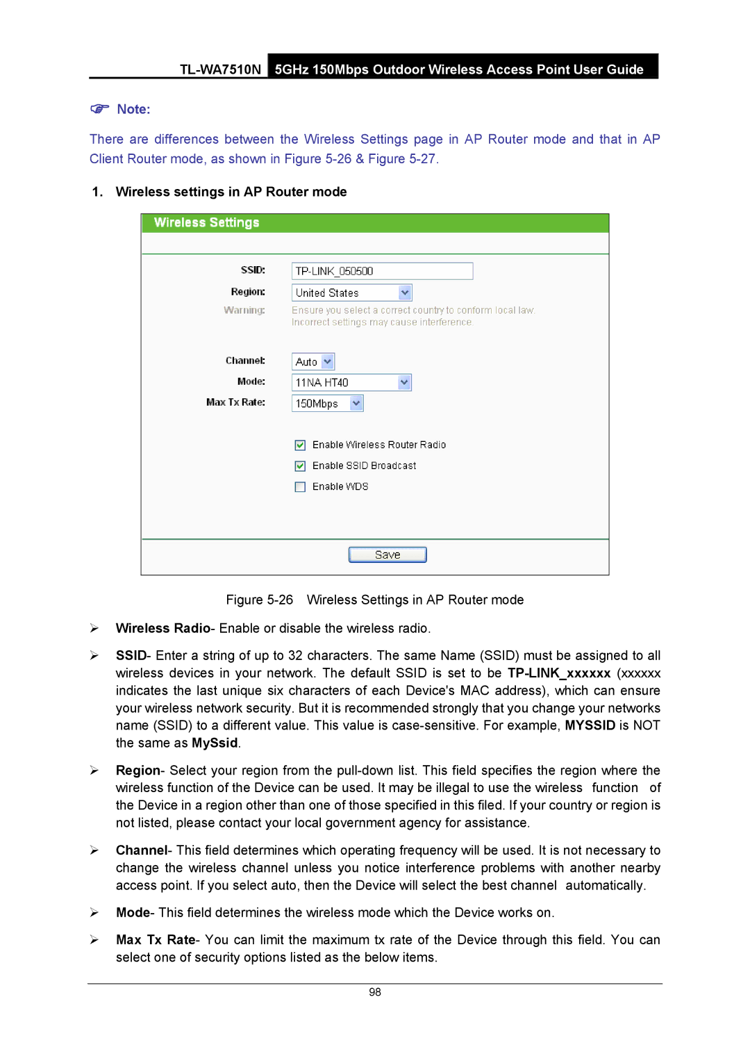 TP-Link TL-WA7510N manual Wireless settings in AP Router mode 