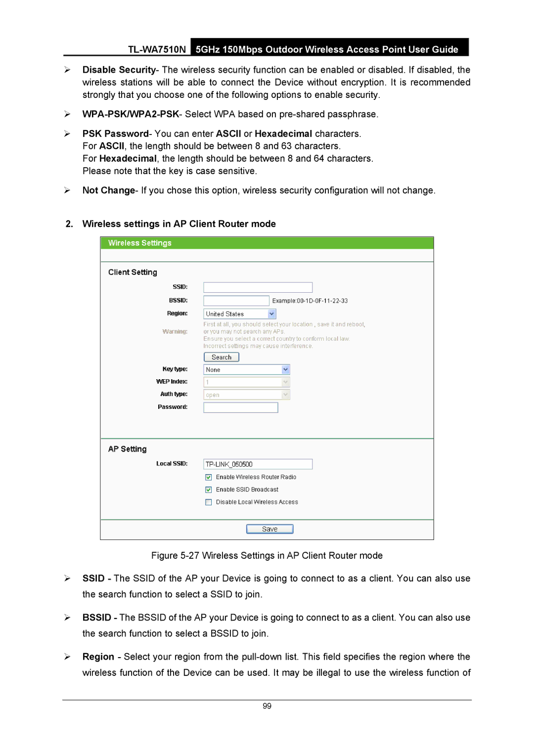 TP-Link TL-WA7510N manual Wireless settings in AP Client Router mode 