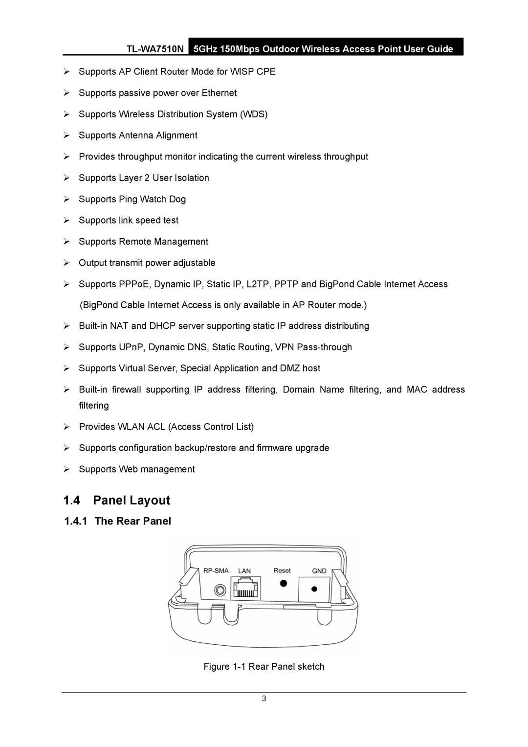 TP-Link TL-WA7510N manual Panel Layout, Rear Panel 