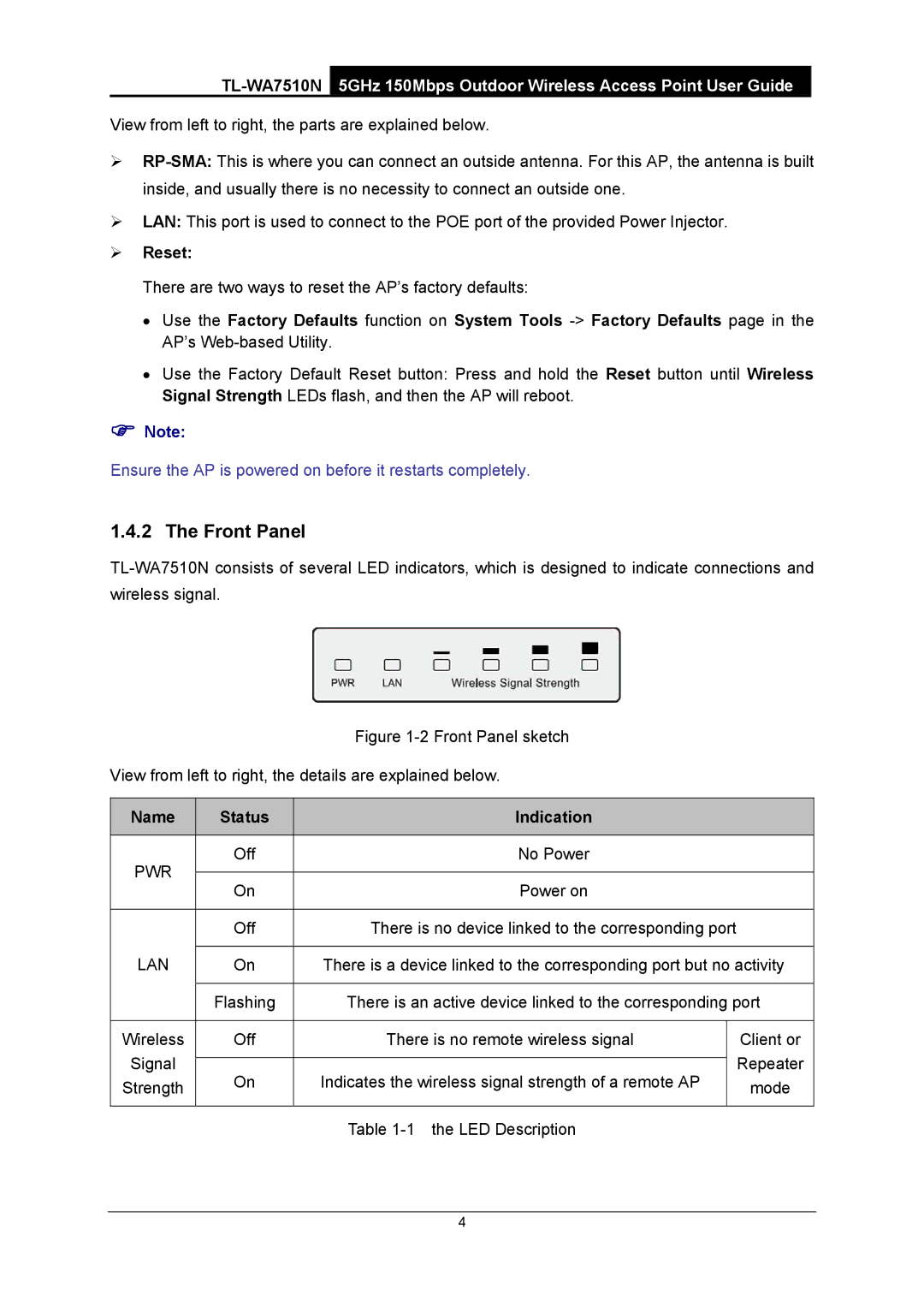 TP-Link TL-WA7510N manual Front Panel, ¾ Reset, Name 