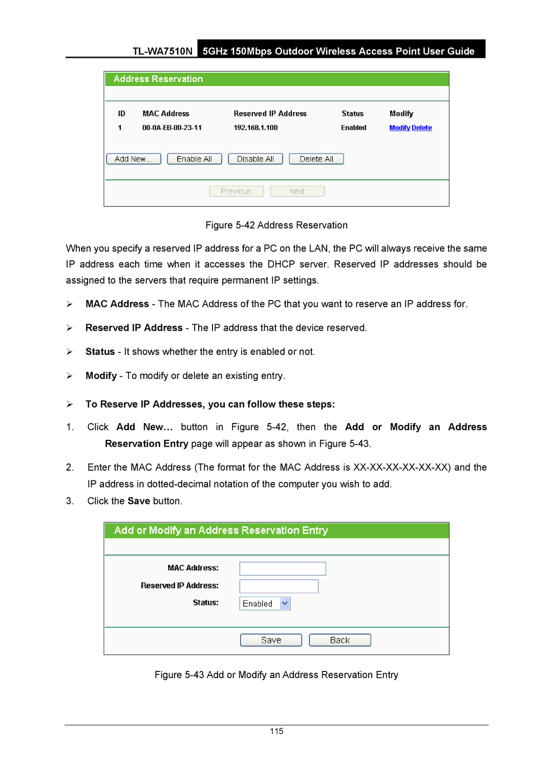 TP-Link TL-WA7510N manual ¾ To Reserve IP Addresses, you can follow these steps, Add or Modify an Address Reservation Entry 