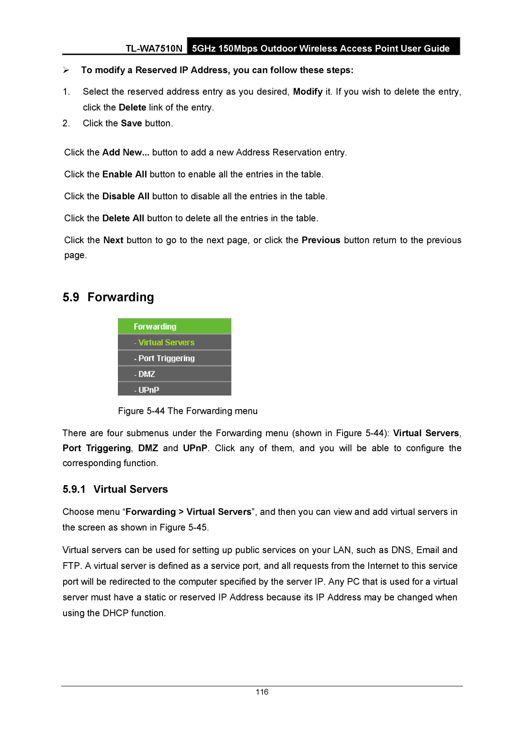 TP-Link TL-WA7510N manual Forwarding, Virtual Servers 