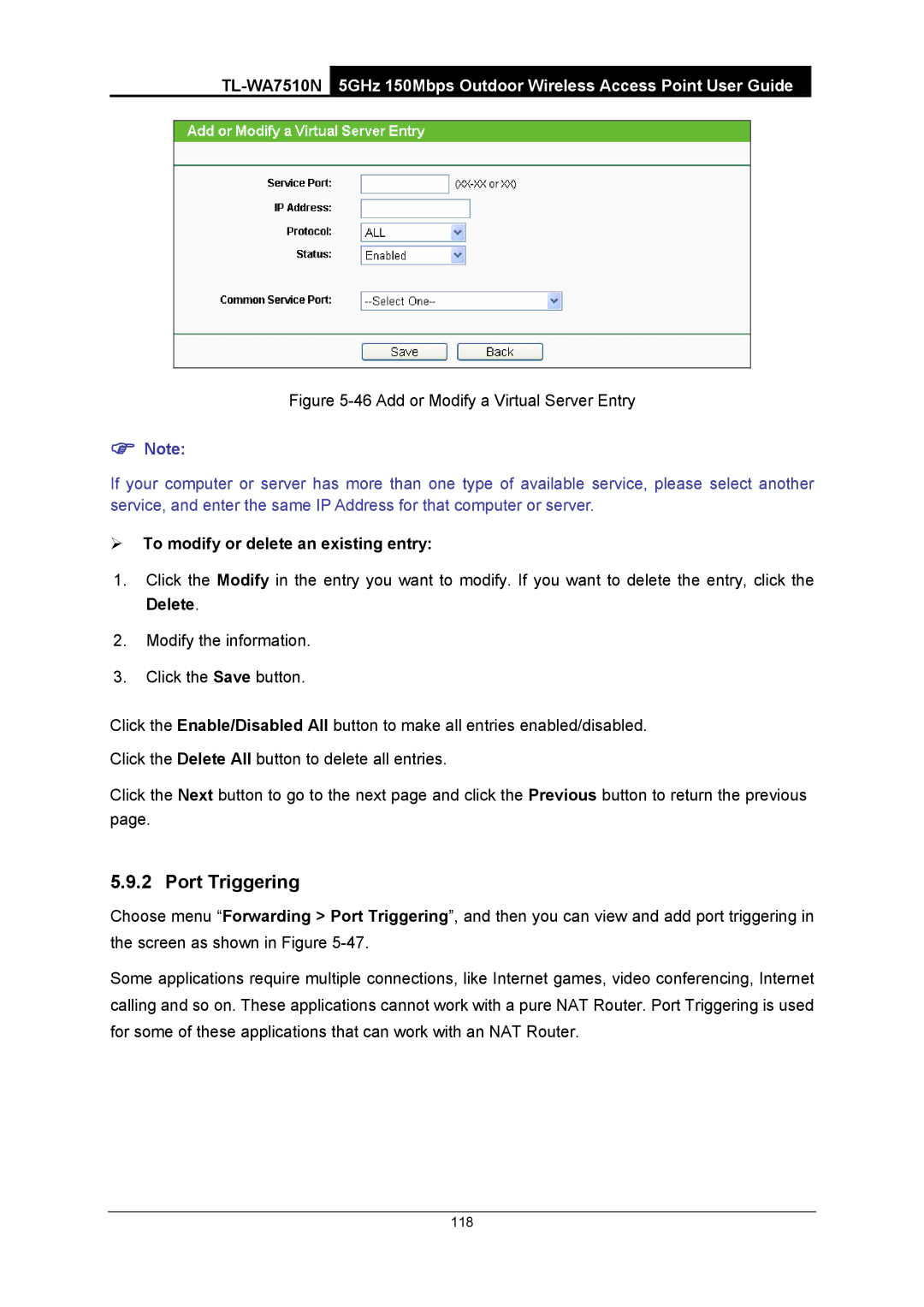 TP-Link TL-WA7510N manual Port Triggering, Add or Modify a Virtual Server Entry 