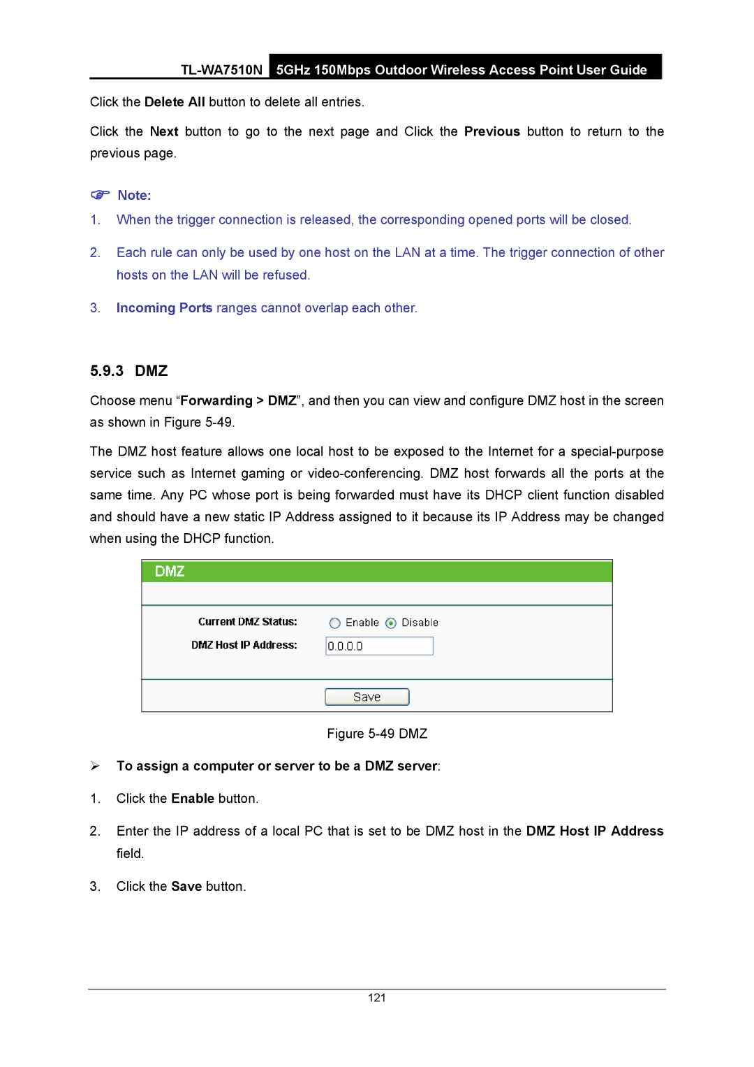 TP-Link TL-WA7510N manual 3 DMZ, ¾ To assign a computer or server to be a DMZ server 