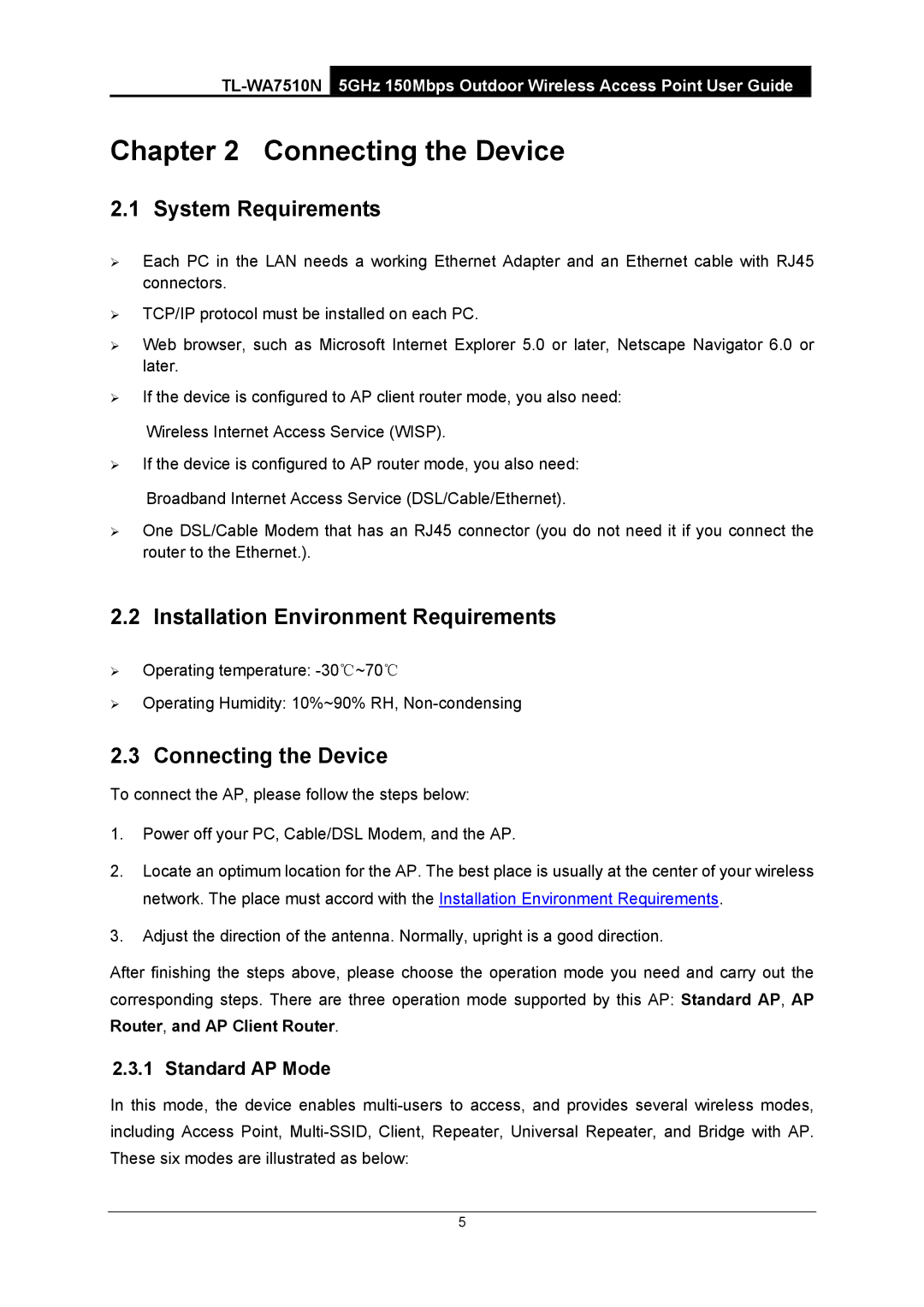 TP-Link TL-WA7510N System Requirements, Installation Environment Requirements, Connecting the Device, Standard AP Mode 