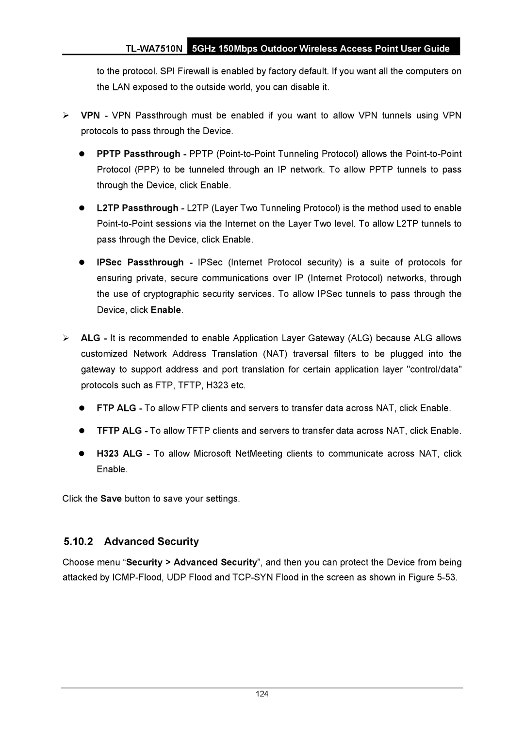 TP-Link TL-WA7510N manual Advanced Security 