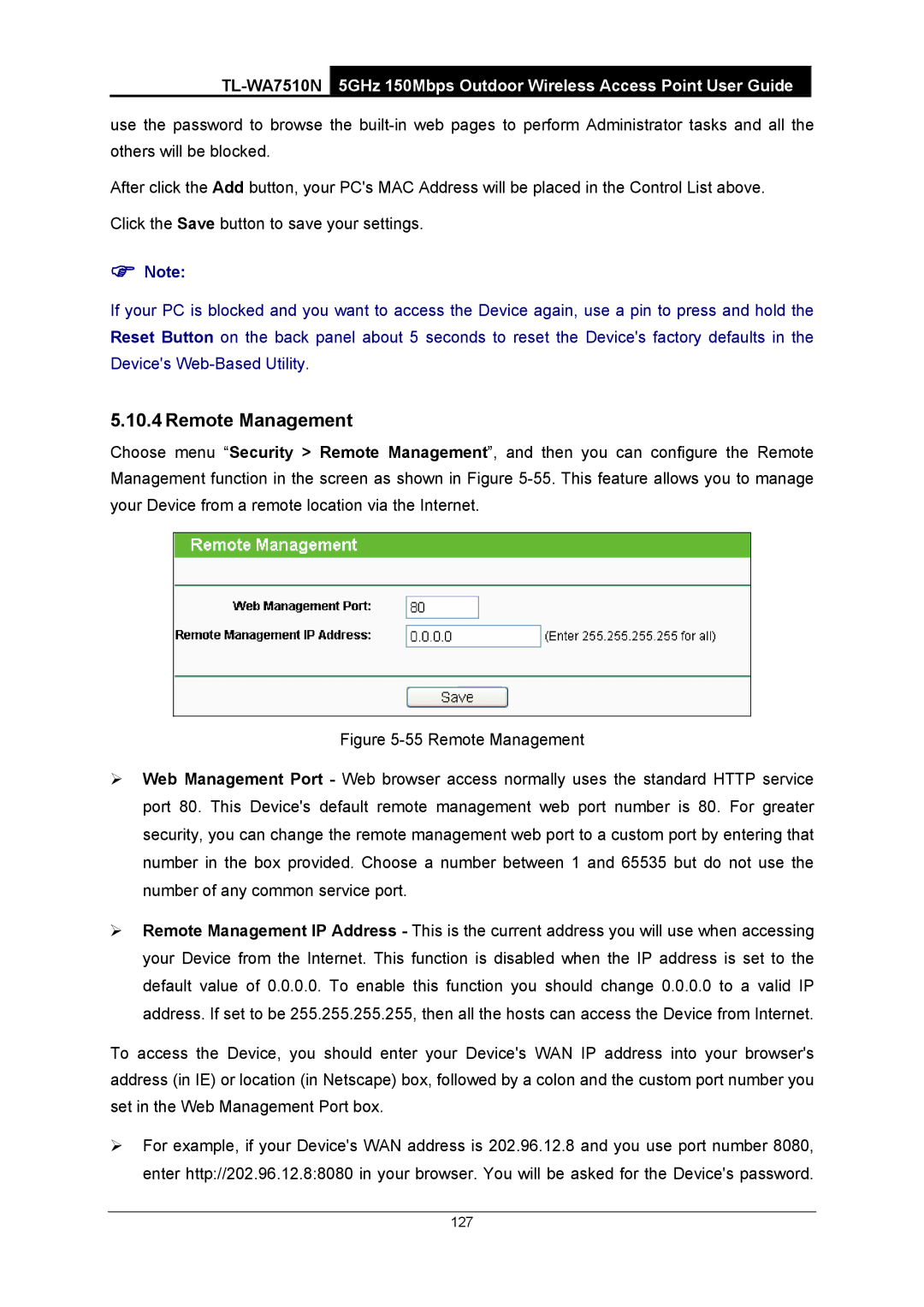 TP-Link TL-WA7510N manual Remote Management 