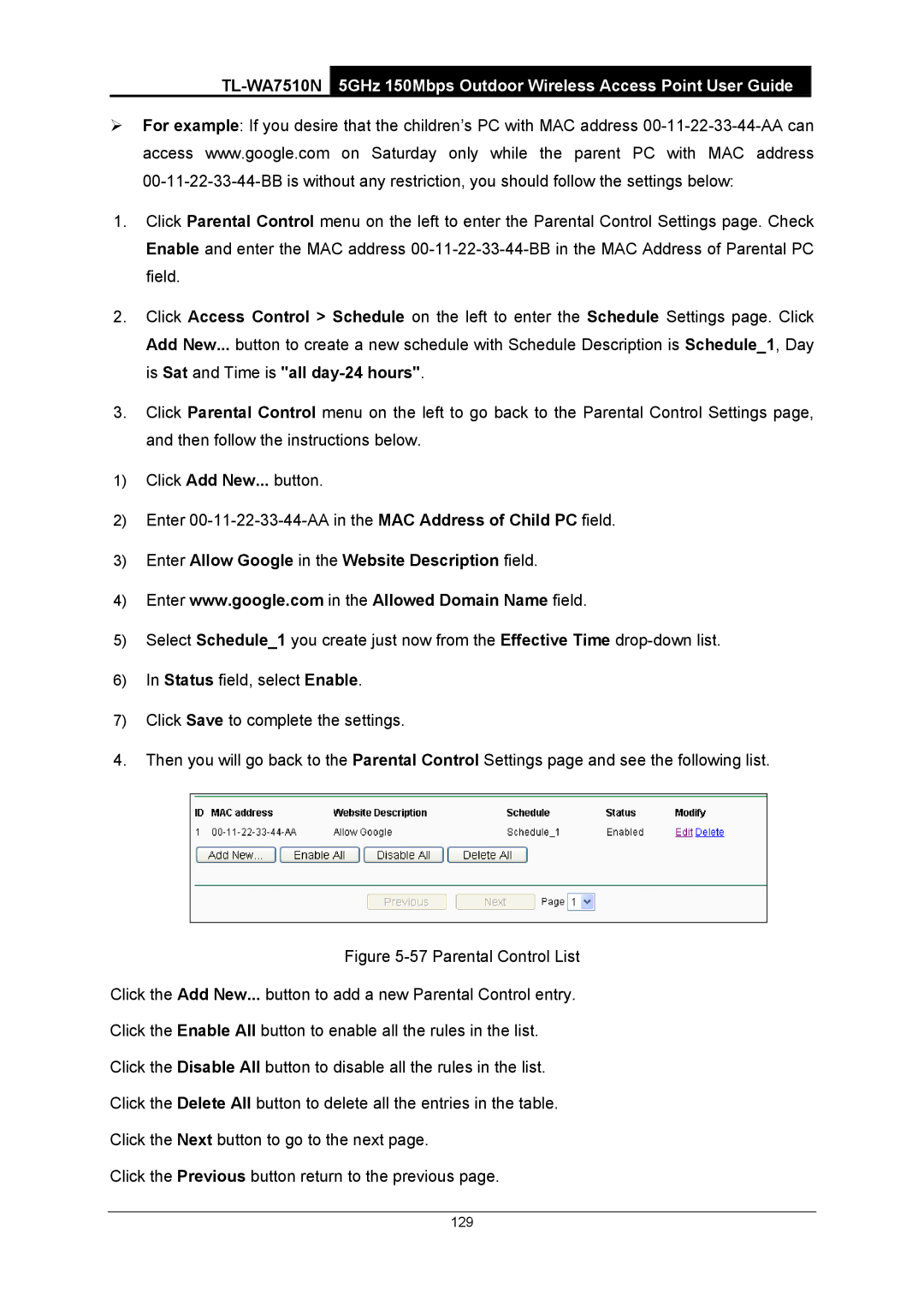 TP-Link TL-WA7510N manual Enter Allow Google in the Website Description field 