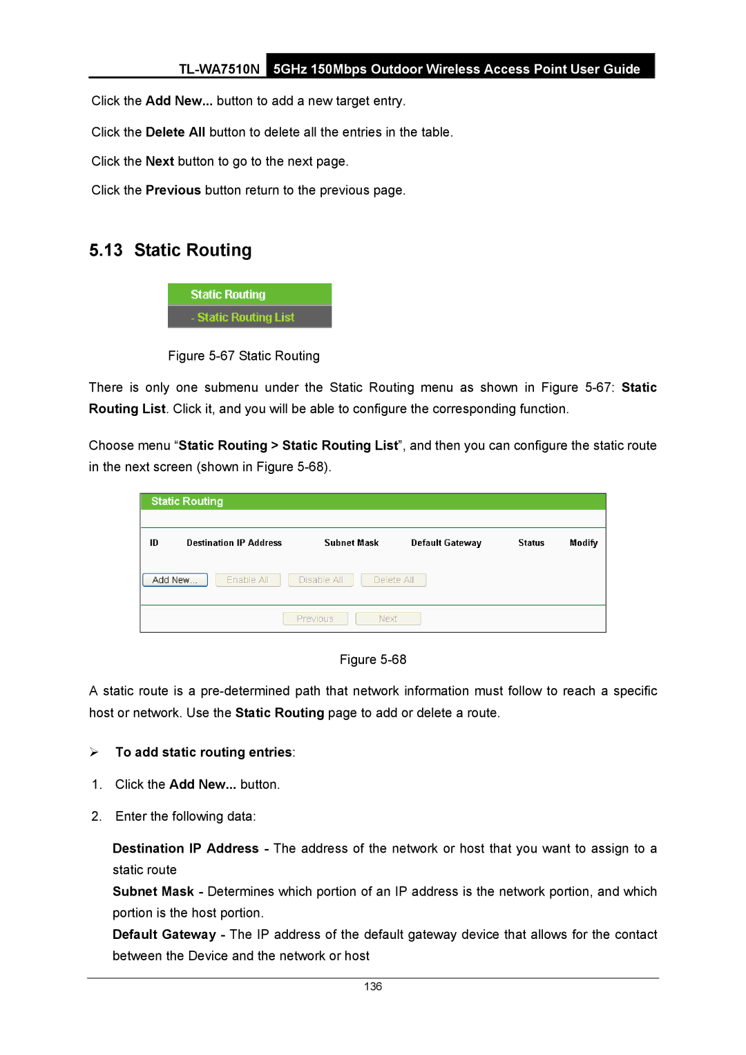 TP-Link TL-WA7510N manual Static Routing, ¾ To add static routing entries 