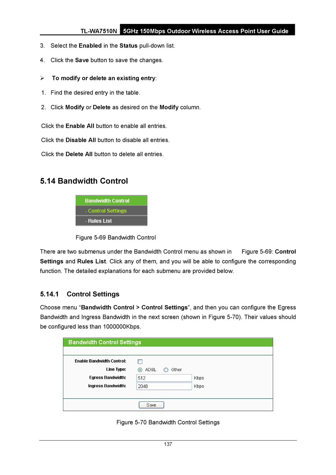 TP-Link TL-WA7510N manual Bandwidth Control, Control Settings 