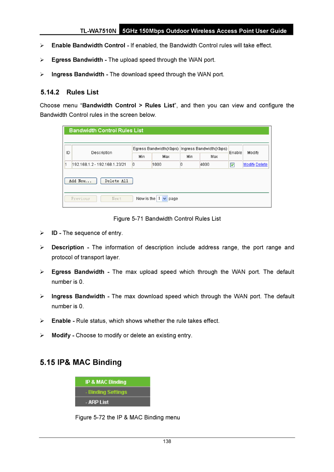 TP-Link TL-WA7510N manual 15 IP& MAC Binding, Rules List 