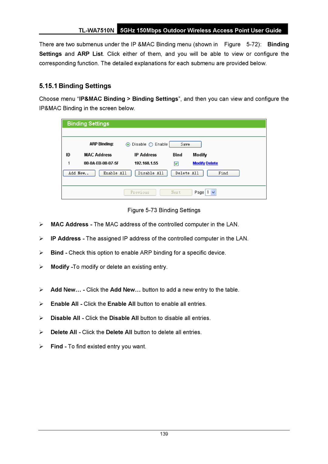 TP-Link TL-WA7510N manual Binding Settings 