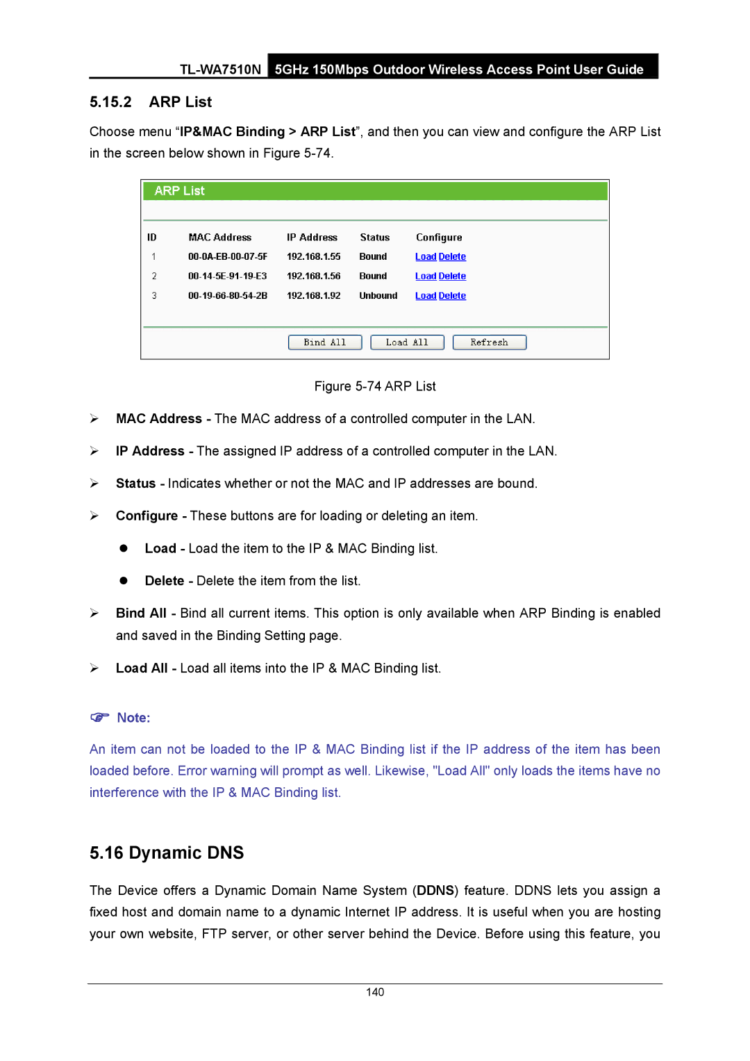 TP-Link TL-WA7510N manual Dynamic DNS, ARP List 