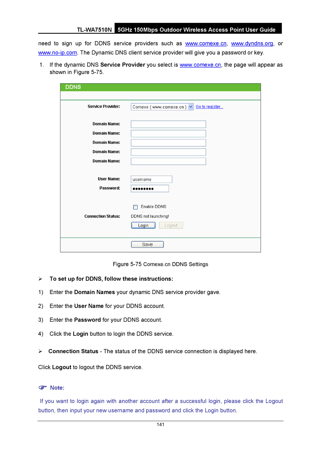 TP-Link TL-WA7510N manual ¾ To set up for DDNS, follow these instructions, 75Comexe.cn Ddns Settings 