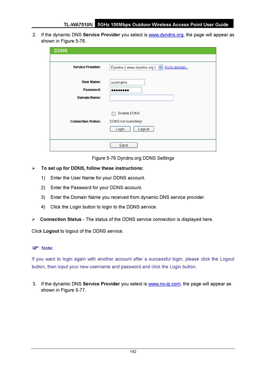 TP-Link TL-WA7510N manual Dyndns.org Ddns Settings 