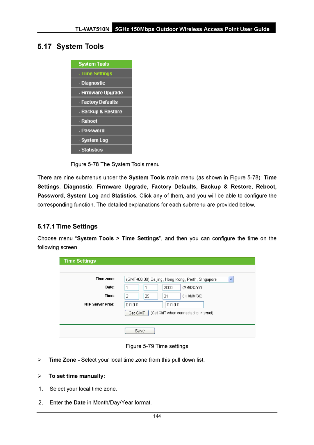 TP-Link TL-WA7510N Time Settings, ¾ To set time manually 