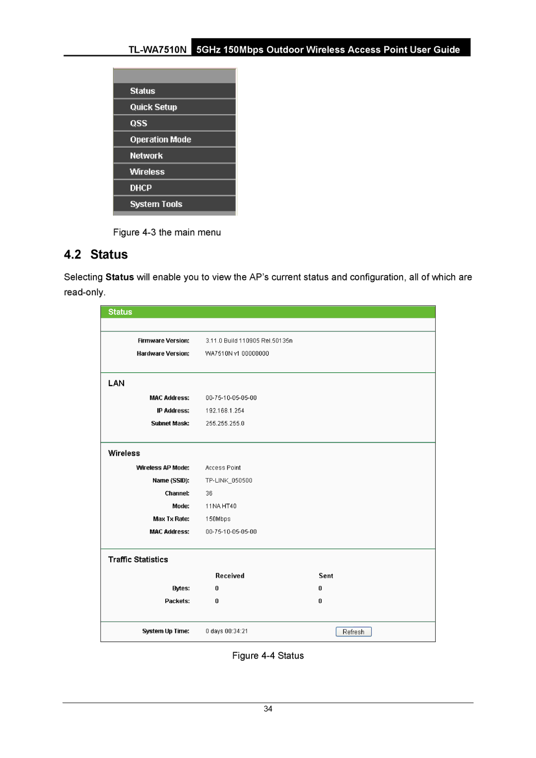 TP-Link TL-WA7510N manual Status, Main menu 