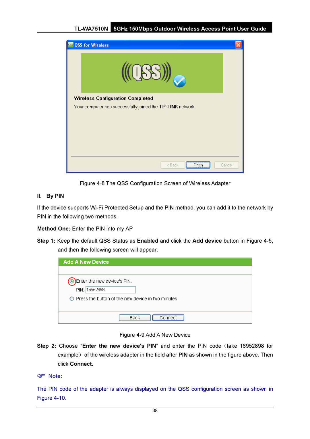 TP-Link TL-WA7510N manual QSS Configuration Screen of Wireless Adapter, II. By PIN 