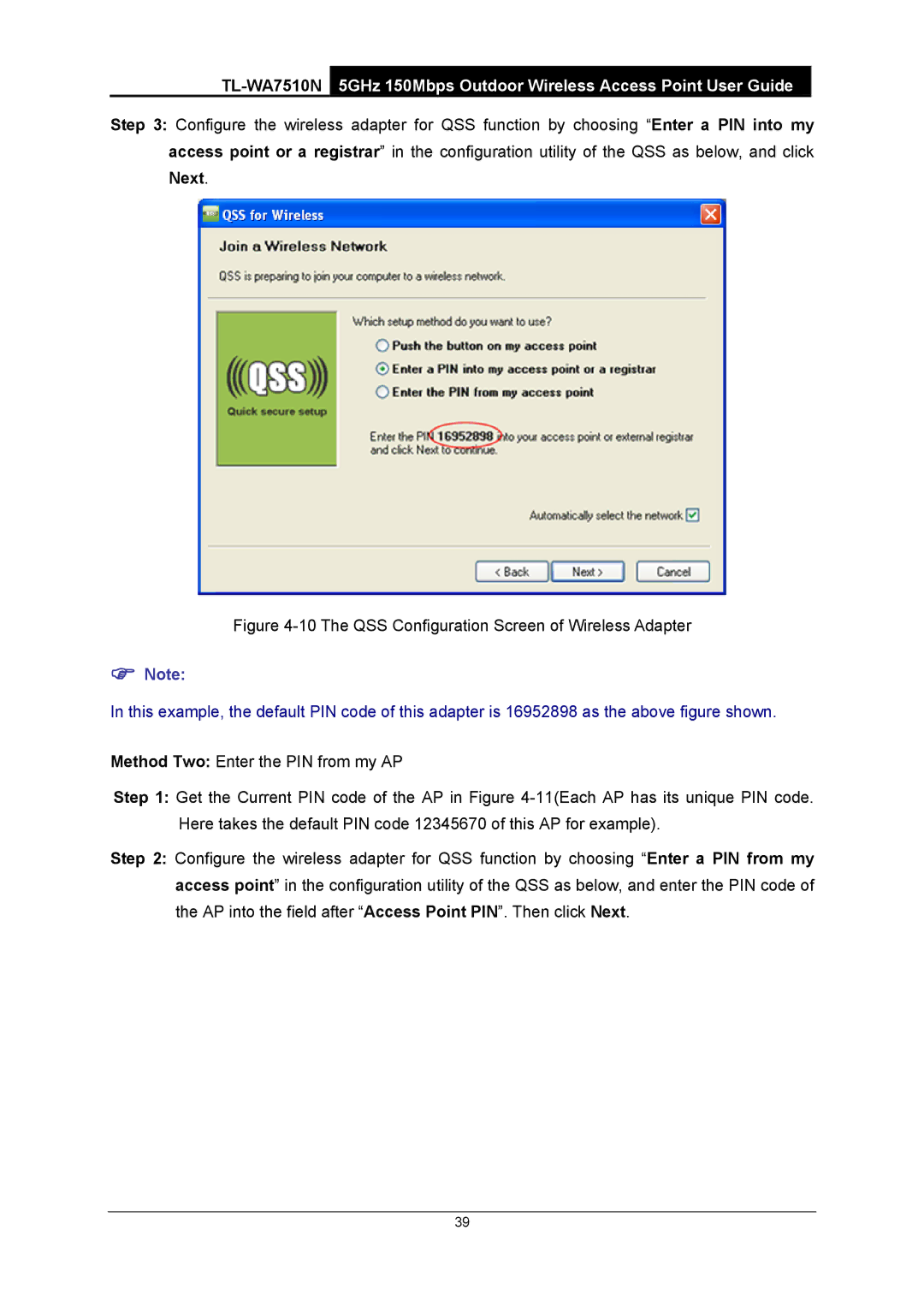 TP-Link TL-WA7510N manual Next, The QSS Configuration Screen of Wireless Adapter 