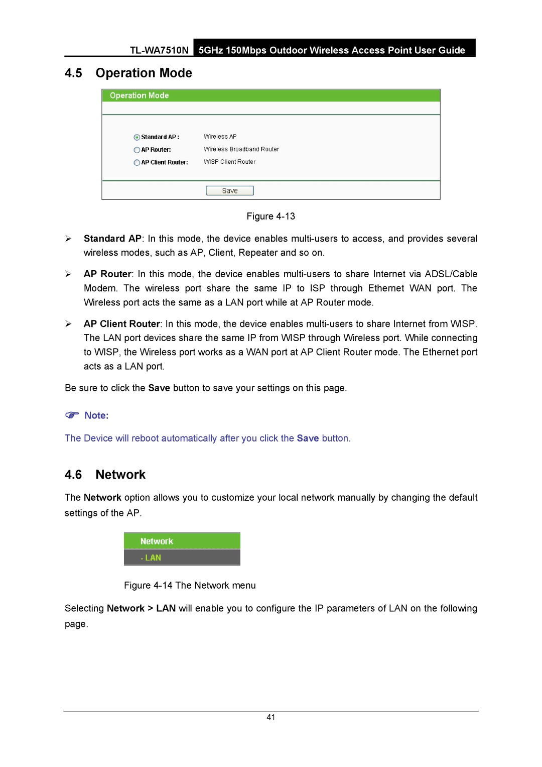 TP-Link TL-WA7510N manual Operation Mode, Network 