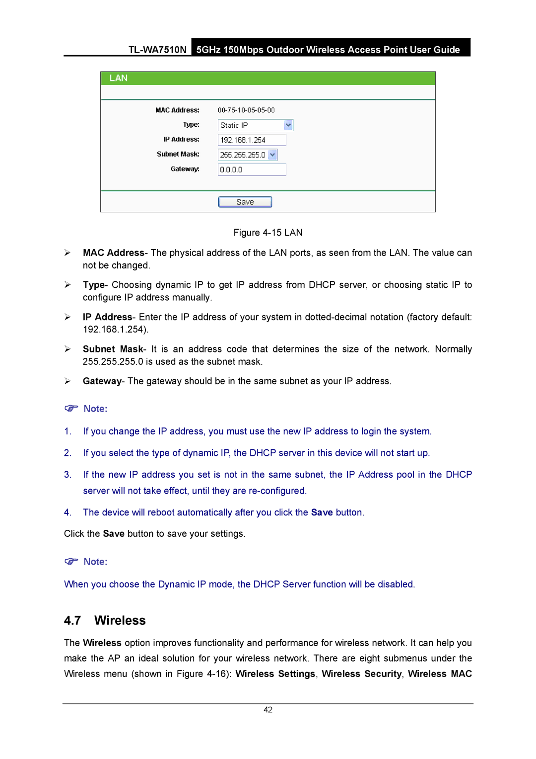 TP-Link TL-WA7510N manual Wireless 