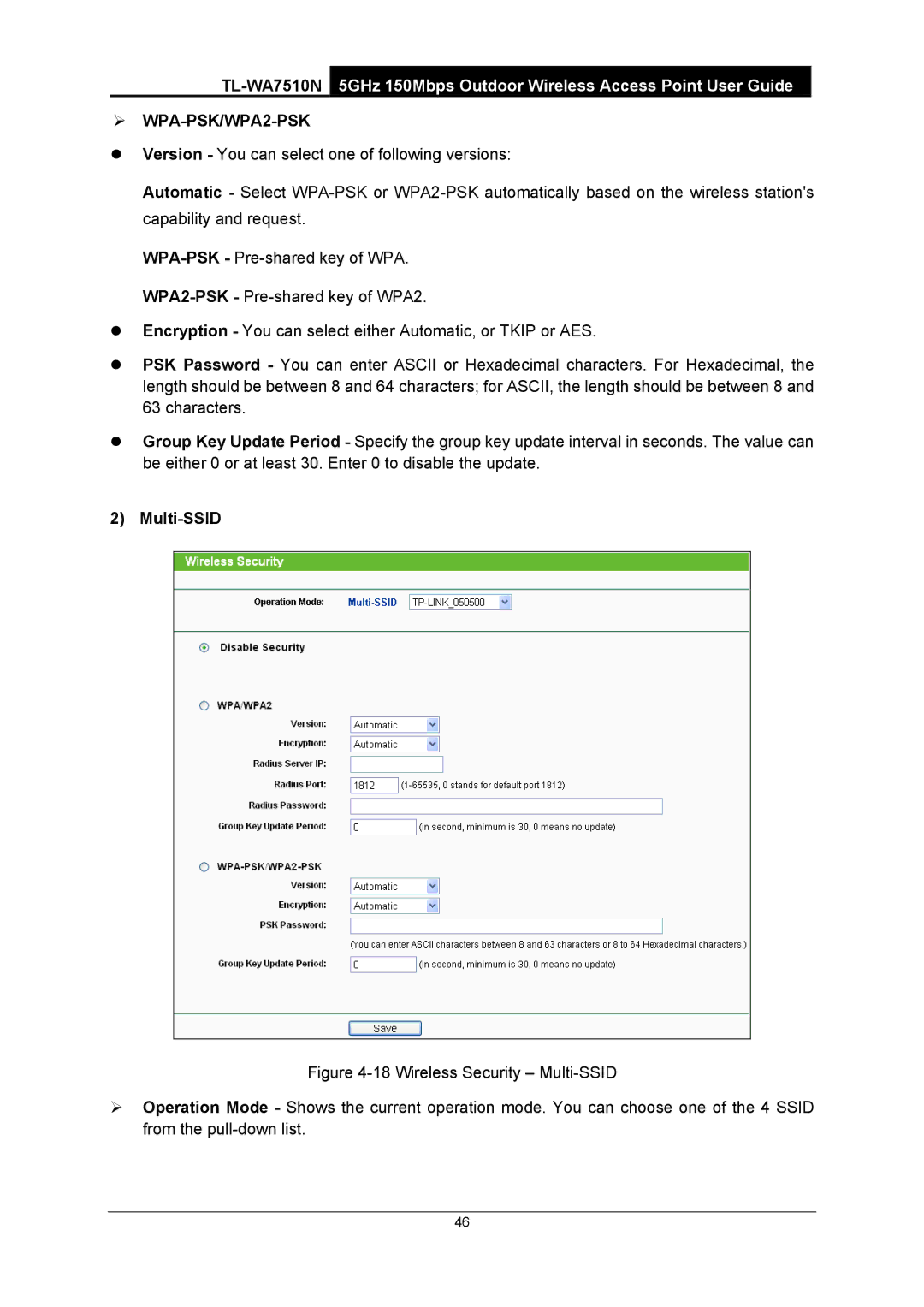 TP-Link TL-WA7510N manual ¾ WPA-PSK/WPA2-PSK, Multi-SSID 