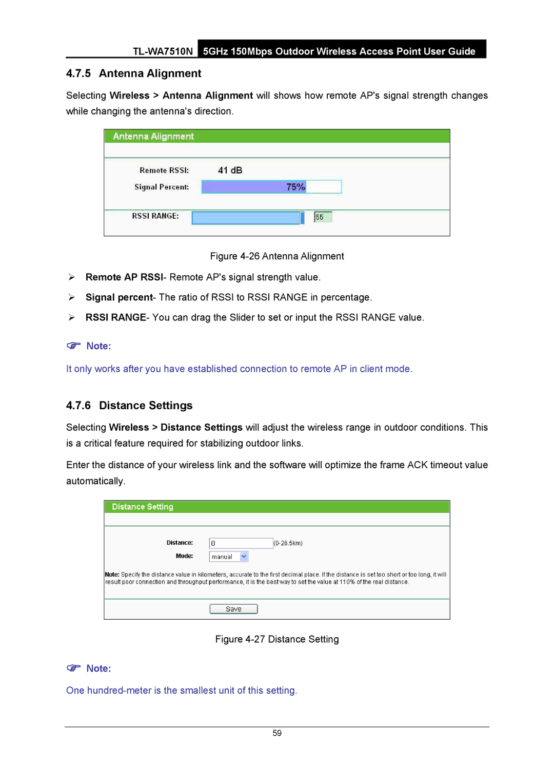 TP-Link TL-WA7510N manual Antenna Alignment, Distance Settings 