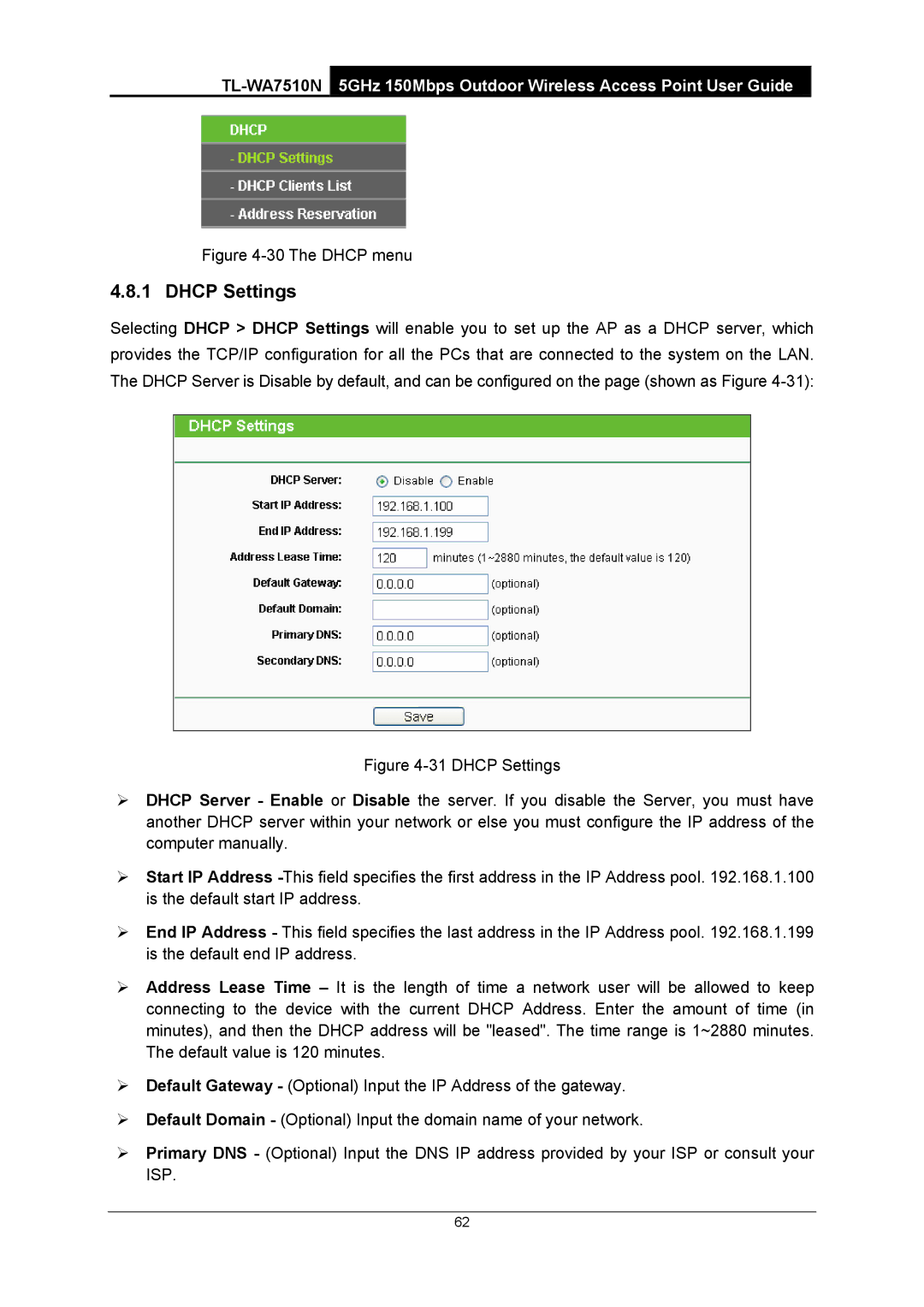 TP-Link TL-WA7510N manual Dhcp Settings, The Dhcp menu 