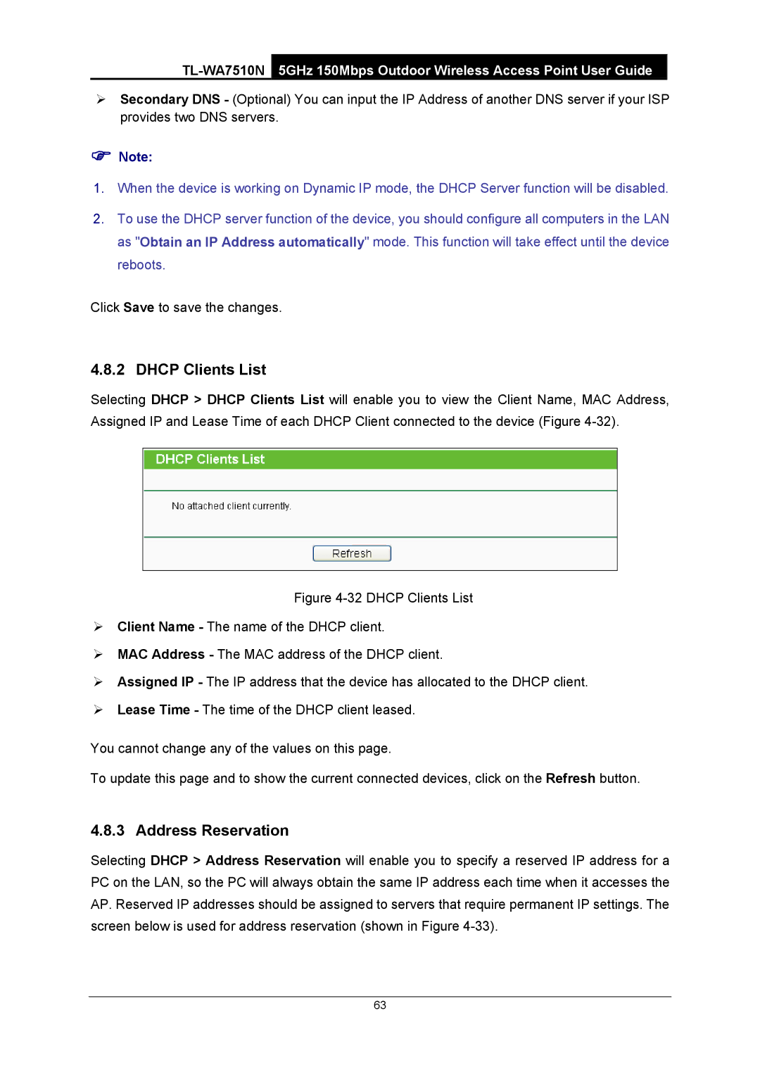 TP-Link TL-WA7510N manual Dhcp Clients List, Address Reservation 