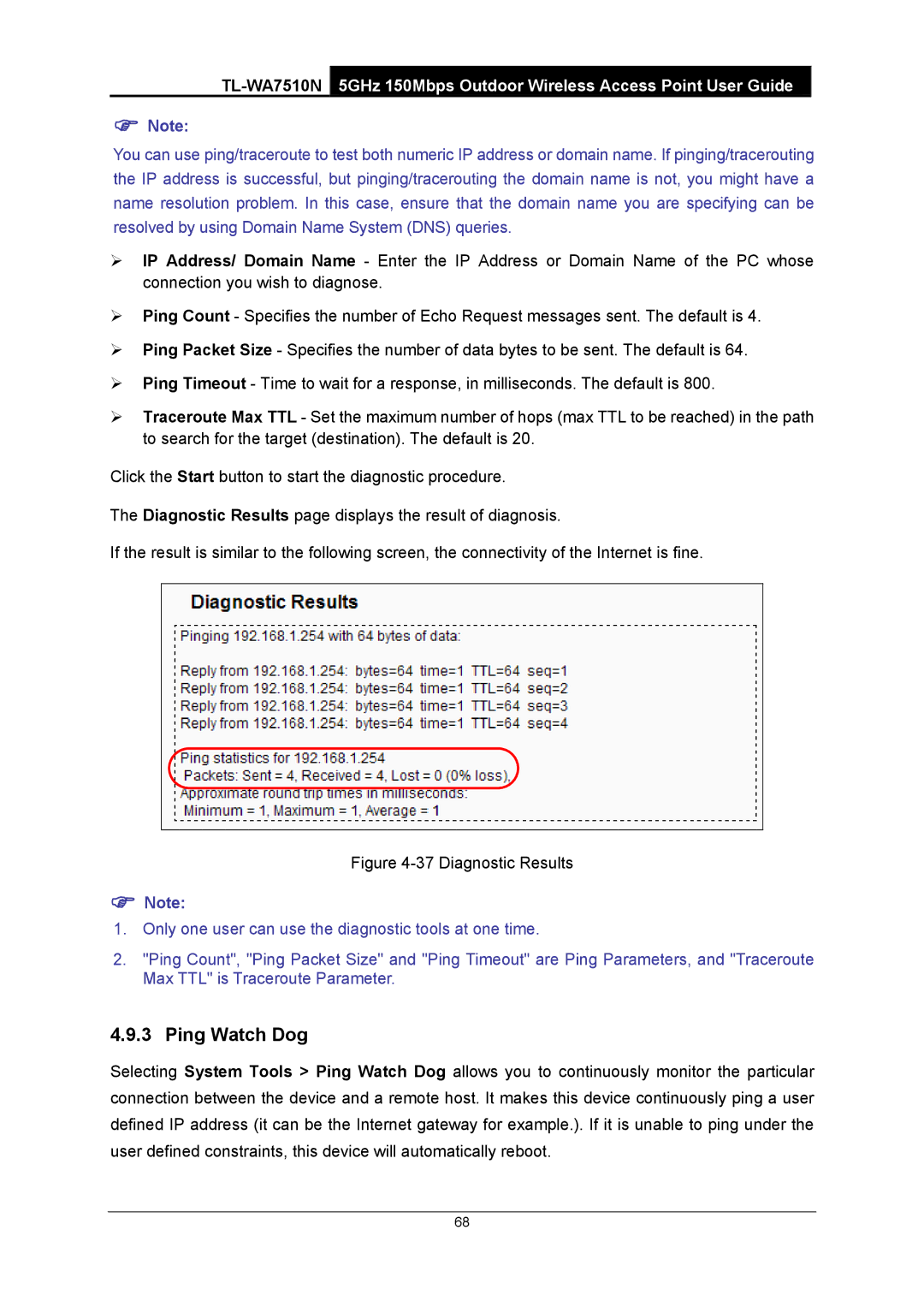TP-Link TL-WA7510N manual Ping Watch Dog, Diagnostic Results 