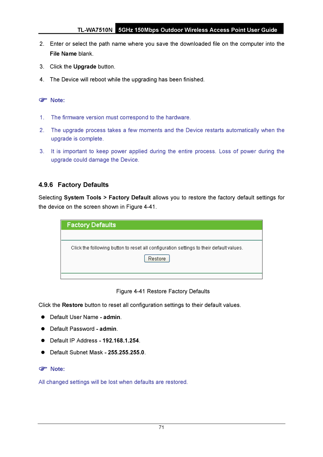 TP-Link TL-WA7510N manual Factory Defaults 