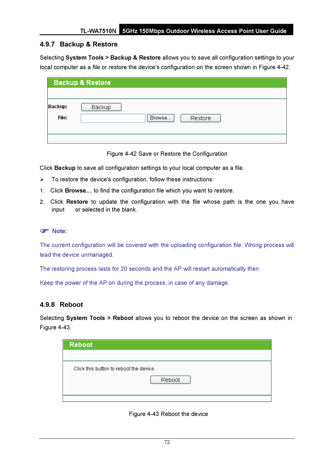 TP-Link TL-WA7510N manual Backup & Restore, Reboot 