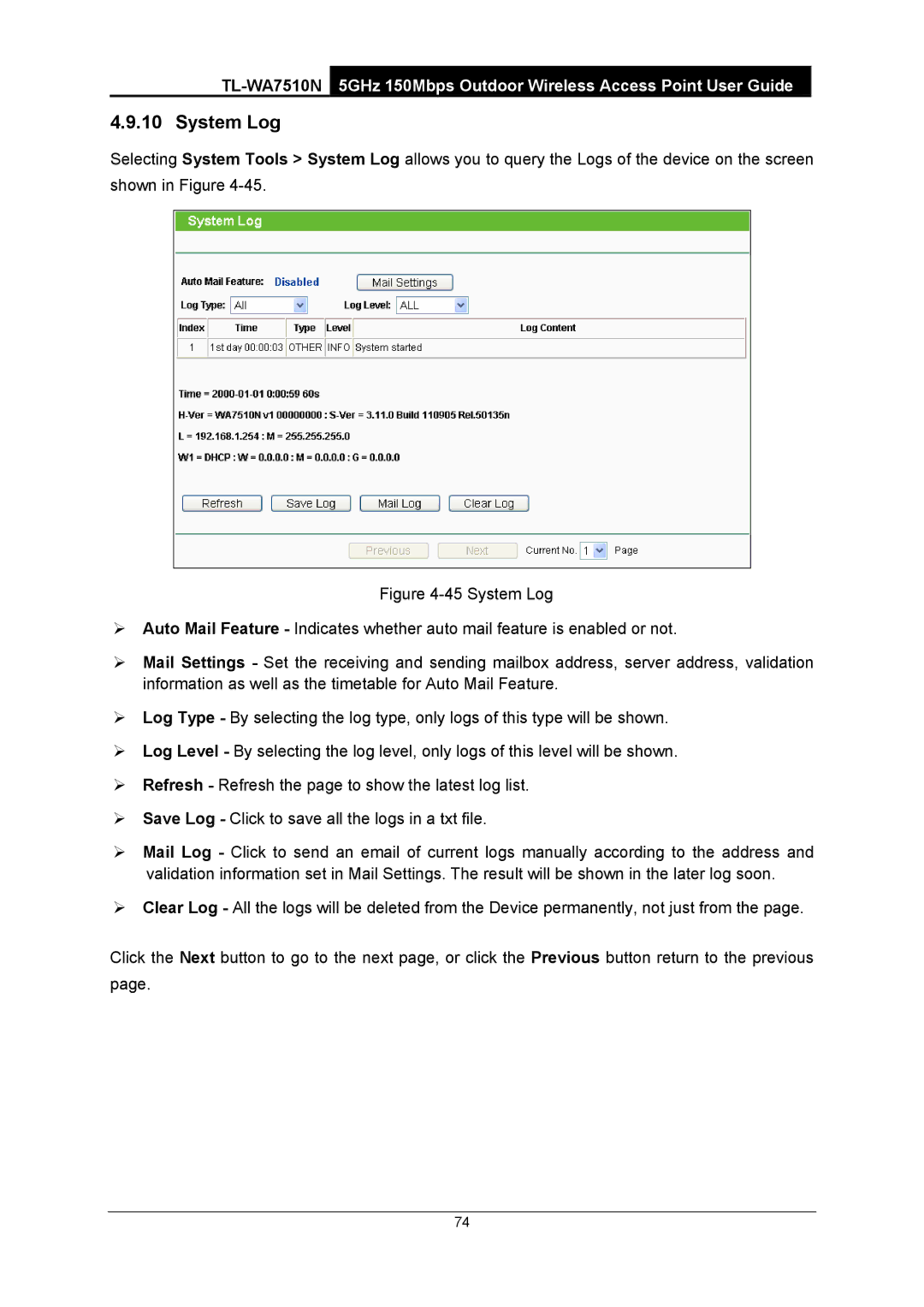 TP-Link TL-WA7510N manual System Log 