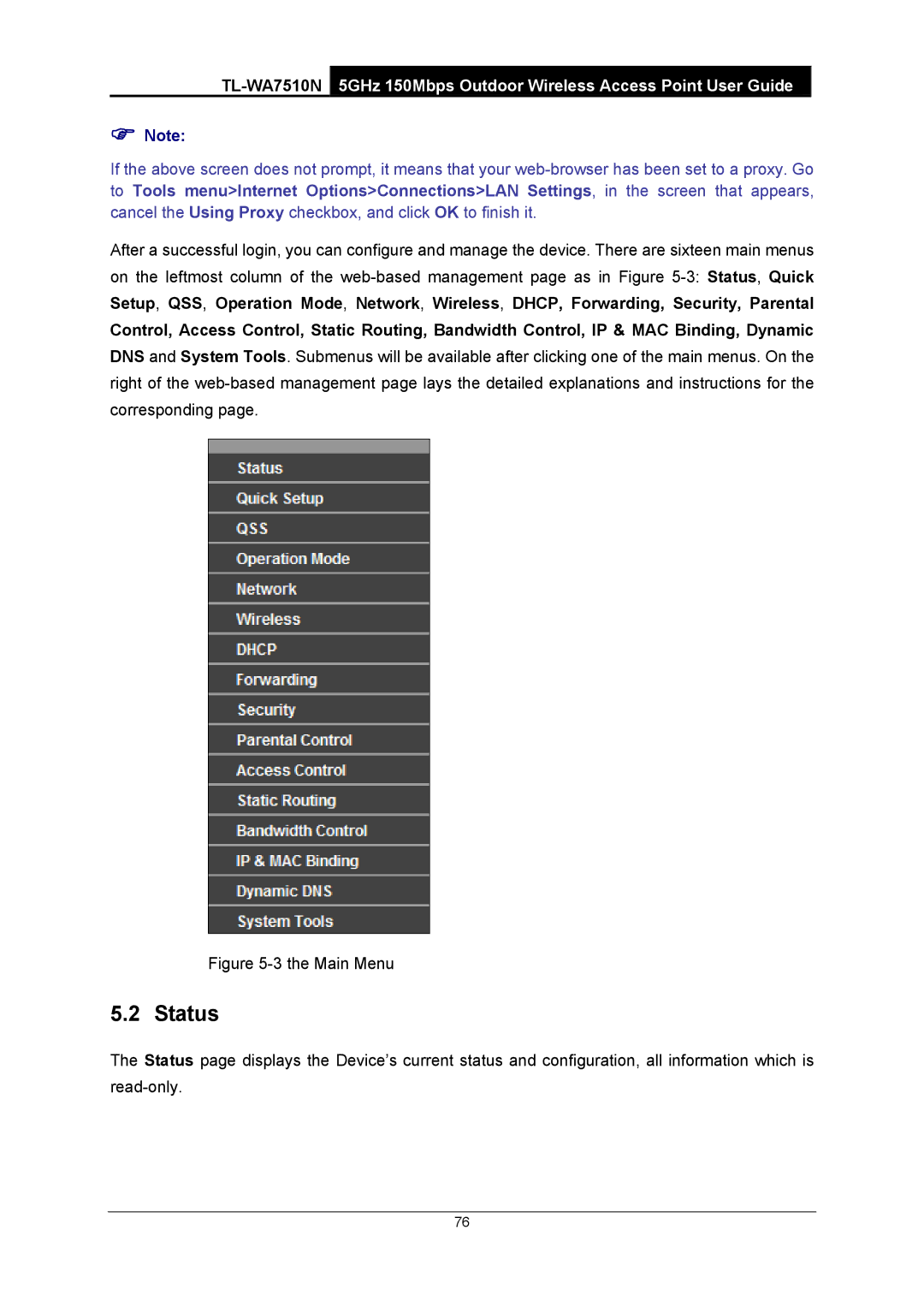 TP-Link TL-WA7510N manual Status 