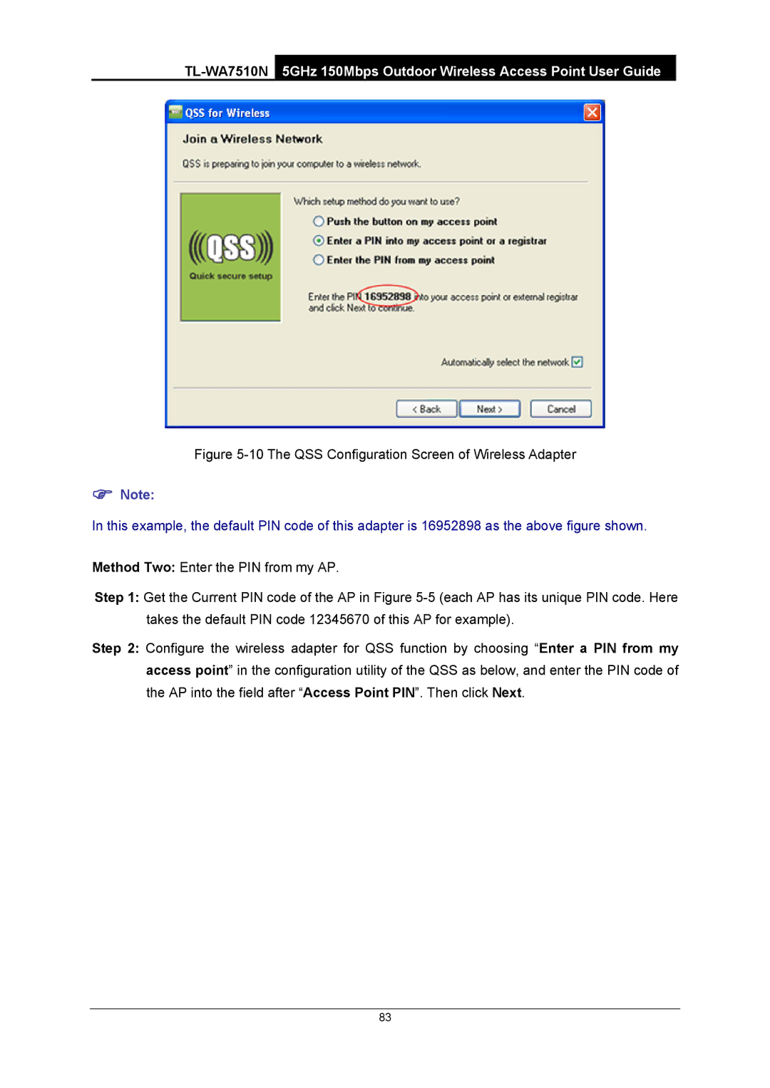 TP-Link TL-WA7510N manual The QSS Configuration Screen of Wireless Adapter 