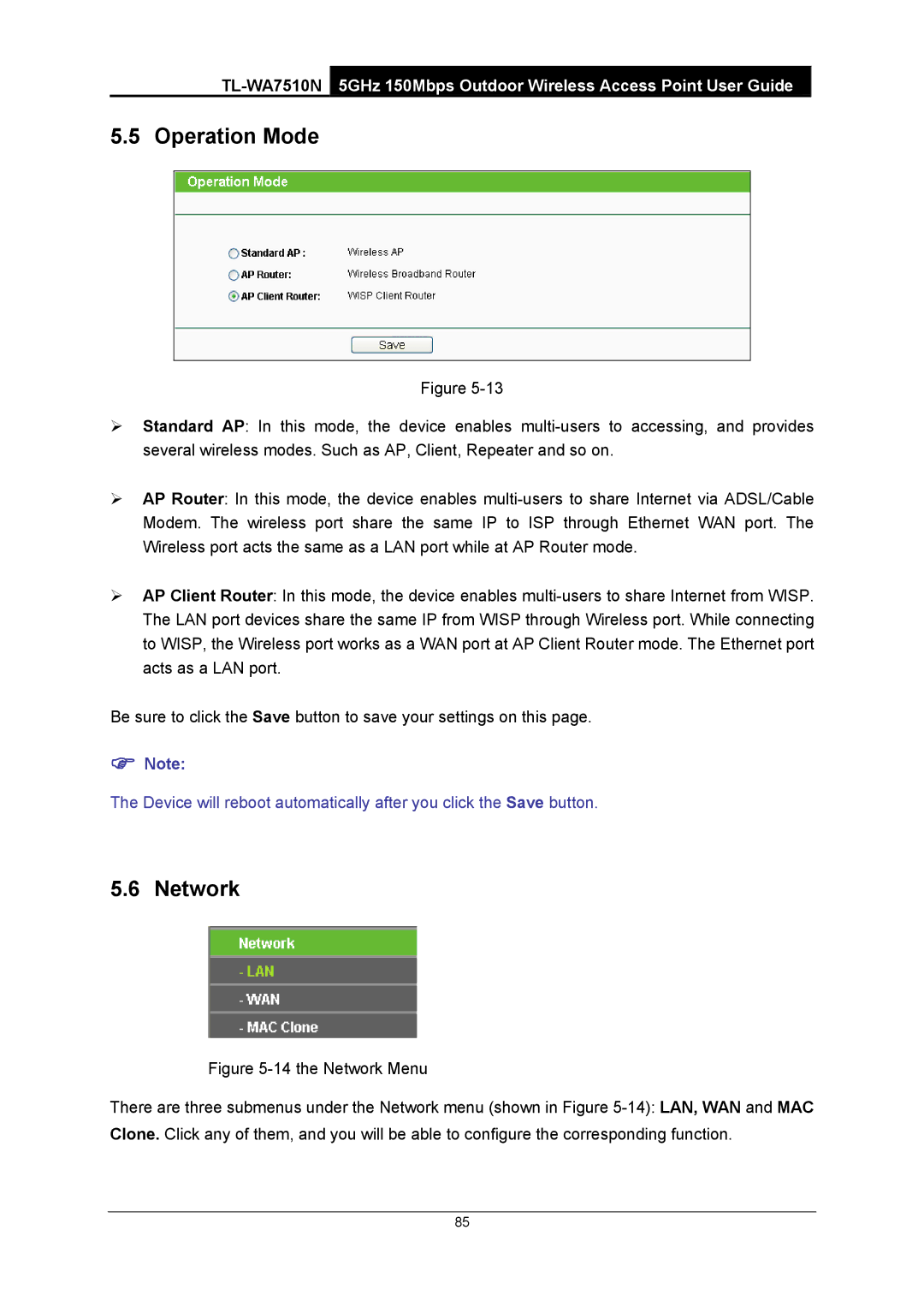 TP-Link TL-WA7510N manual Operation Mode 