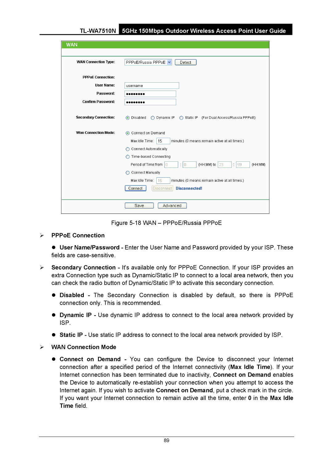 TP-Link TL-WA7510N manual ¾ PPPoE Connection, ¾ WAN Connection Mode 