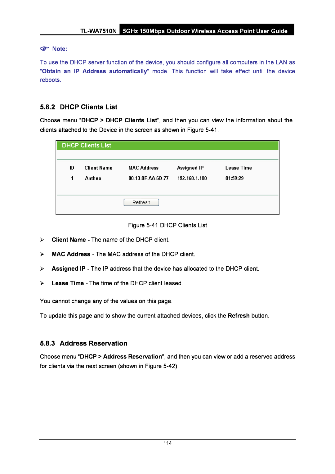 TP-Link TL-WA7510N manual DHCP Clients List, Address Reservation 