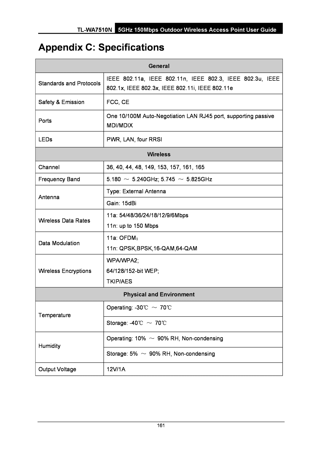 TP-Link manual Appendix C Specifications, TL-WA7510N 5GHz 150Mbps Outdoor Wireless Access Point User Guide, General 