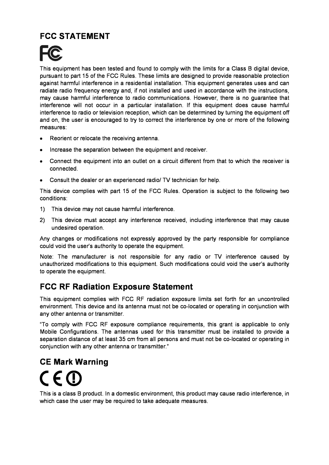 TP-Link TL-WA7510N manual Fcc Statement, FCC RF Radiation Exposure Statement, CE Mark Warning 