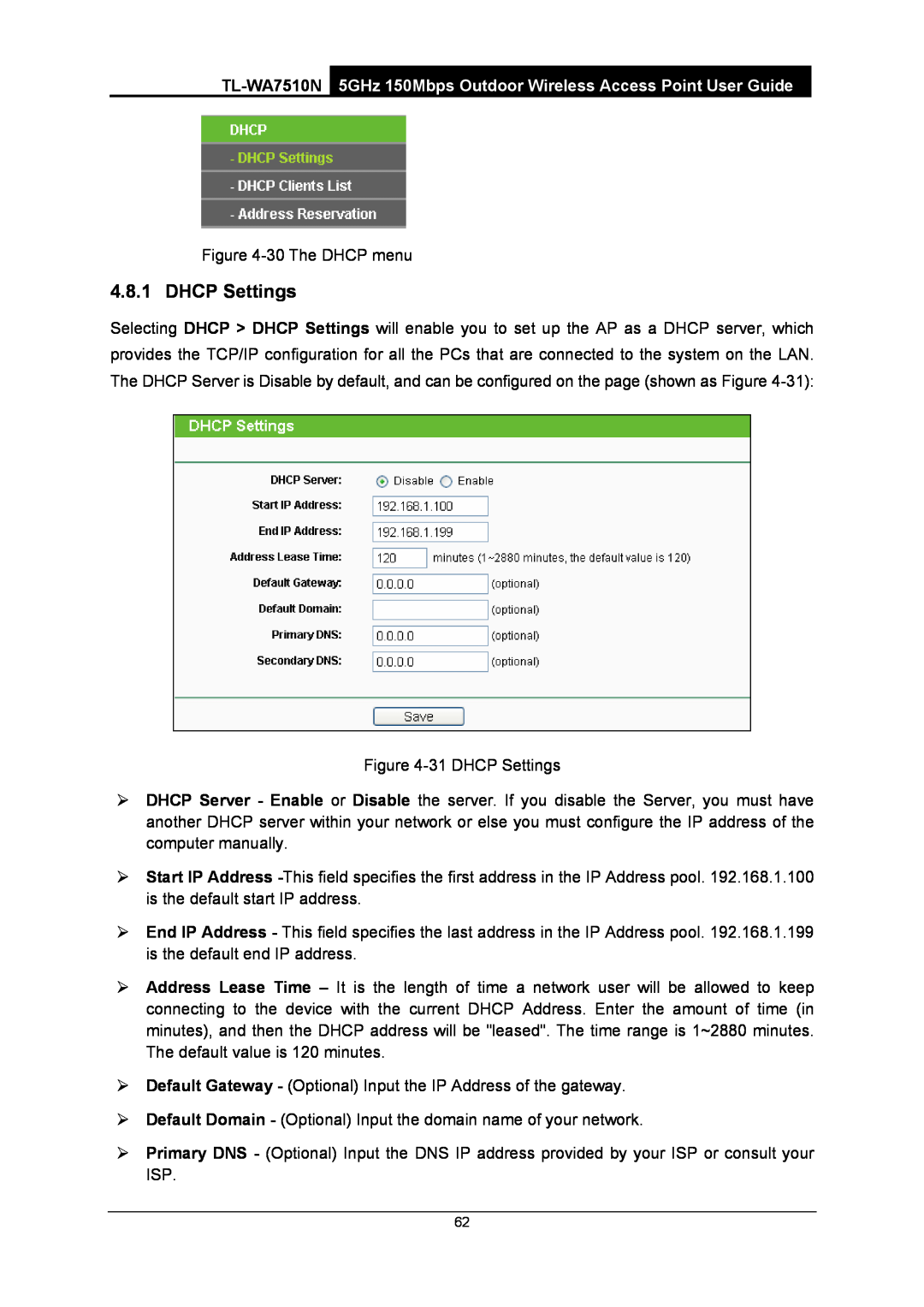 TP-Link manual DHCP Settings, TL-WA7510N 5GHz 150Mbps Outdoor Wireless Access Point User Guide 
