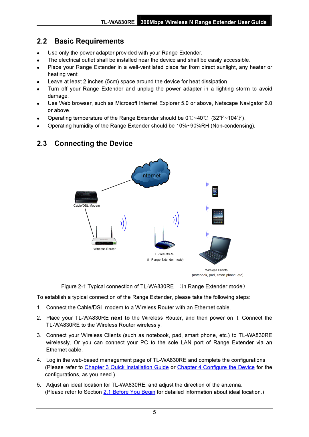 TP-Link TL-WA830RE manual Basic Requirements, Connecting the Device 