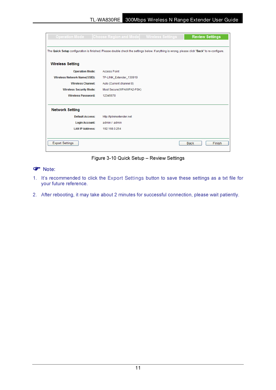 TP-Link TL-WA830RE manual Quick Setup Review Settings 