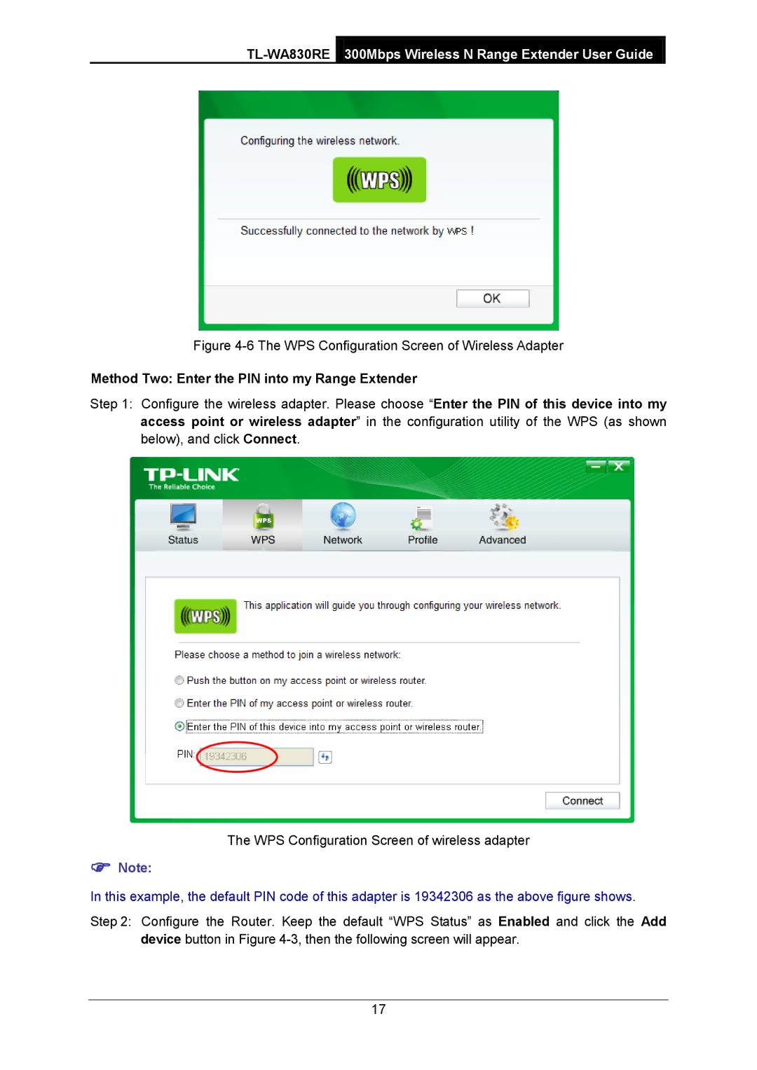 TP-Link TL-WA830RE manual WPS Configuration Screen of Wireless Adapter, Method Two Enter the PIN into my Range Extender 